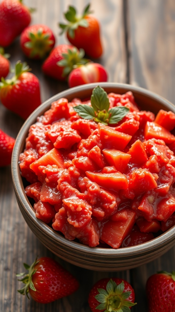 A bowl of fresh mashed strawberries with whole strawberries on a rustic table.